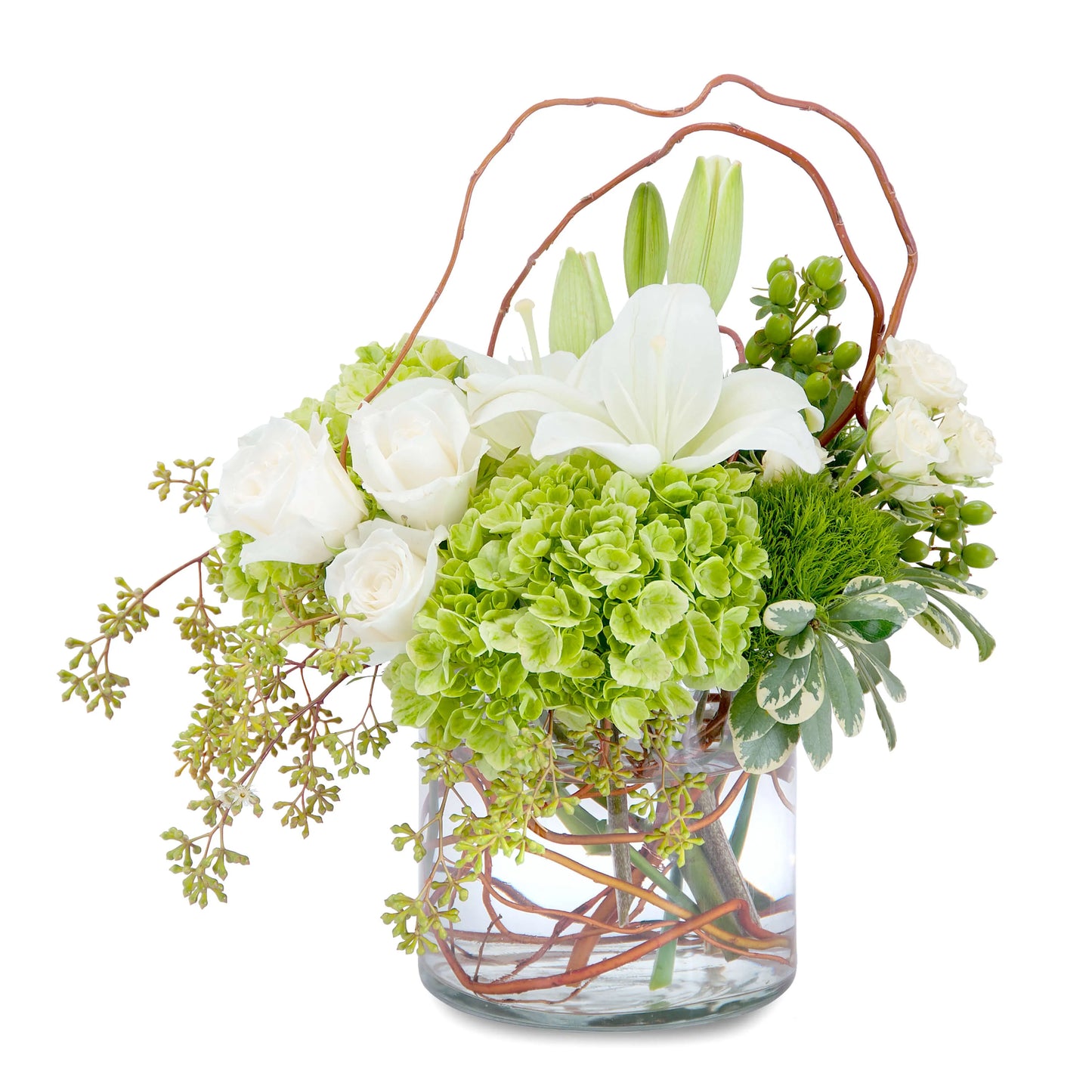 A luxury size bouquet with green hydrangea, white roses, white lilies, seeded eucalyptus, curly willow, green hypernicum, and seasonal greens.