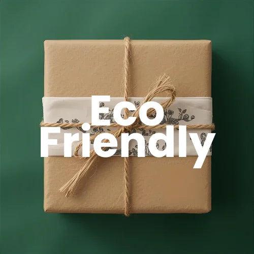Gift box wrapped in brown paper with string on a green background, featuring the text 'Eco Friendly'.