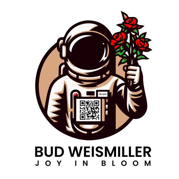 The logo for Bud Weismiller Florist and Flower Delivery's logo which is an astronaut named Suzie holding red rose out in front of her.