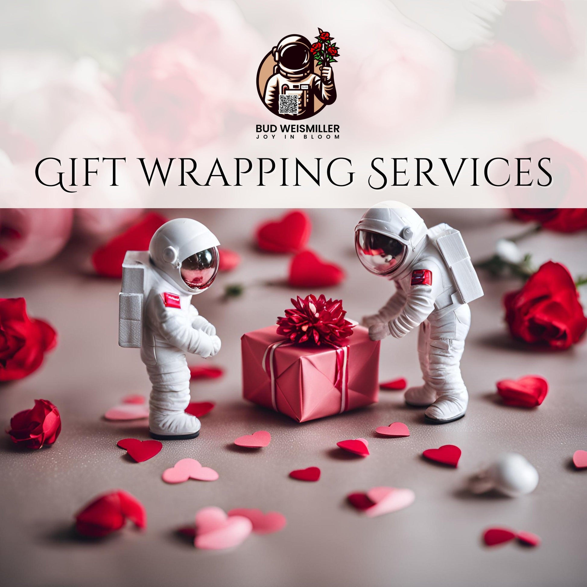 A cheeky banner for Bud Weismiller's Gift Wrapping service featuring two miniature astronauts wrapping a gift.