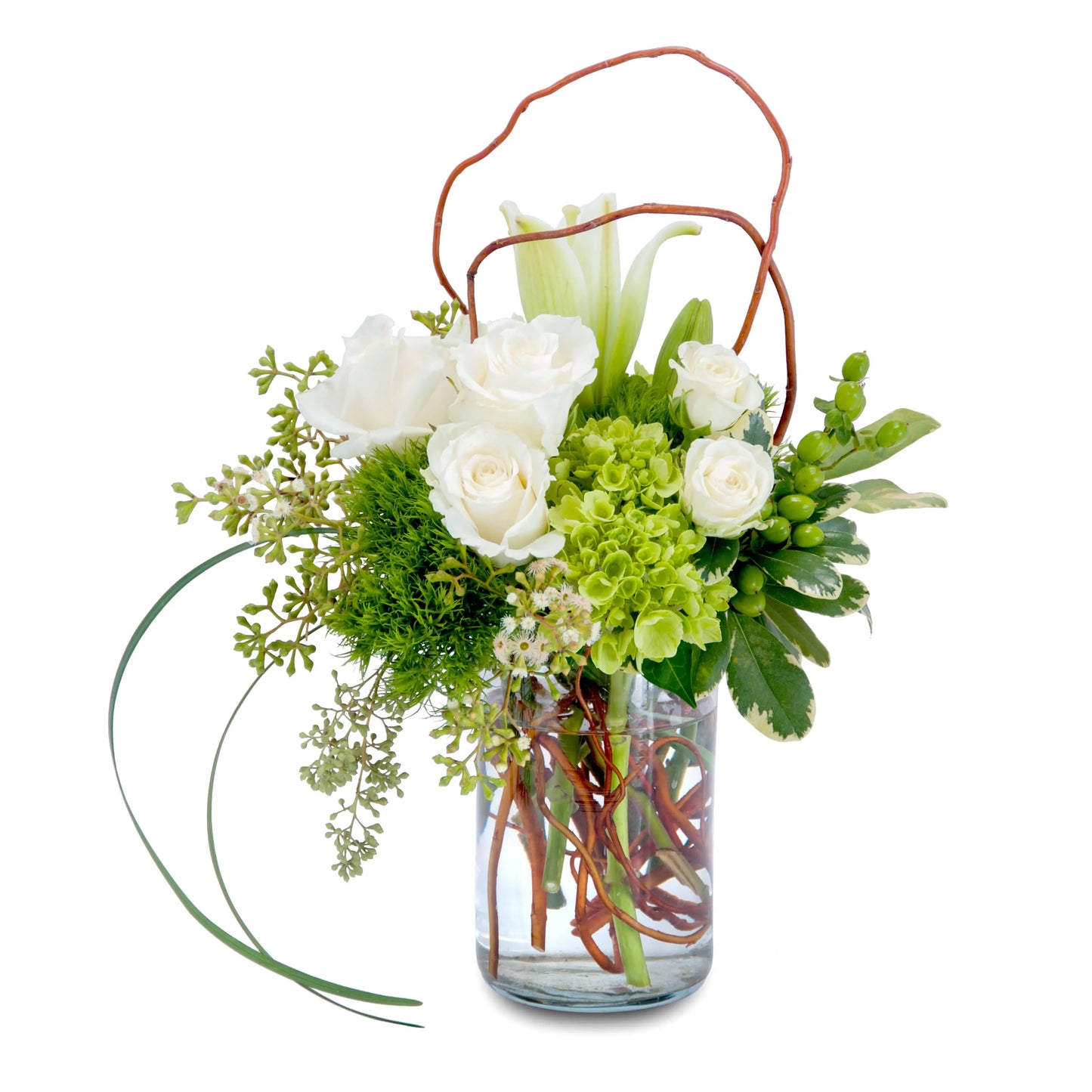 A premium size bouquet of green hydrangea, white lilies, white roses, green hypernicum, seeded eucalyptus, curly willow, and seasonal greens.