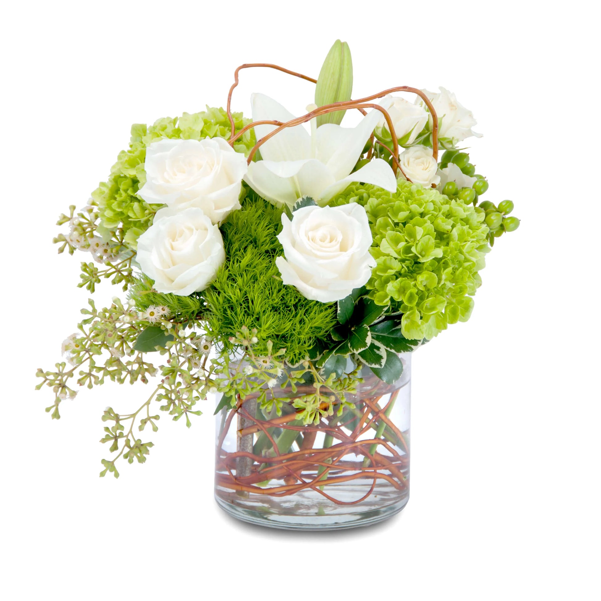A standard size bouquet with green hydrangea, white roses, white lilies, seeded eucalyptus, curly willow, green hypernicum, and seasonal greens.