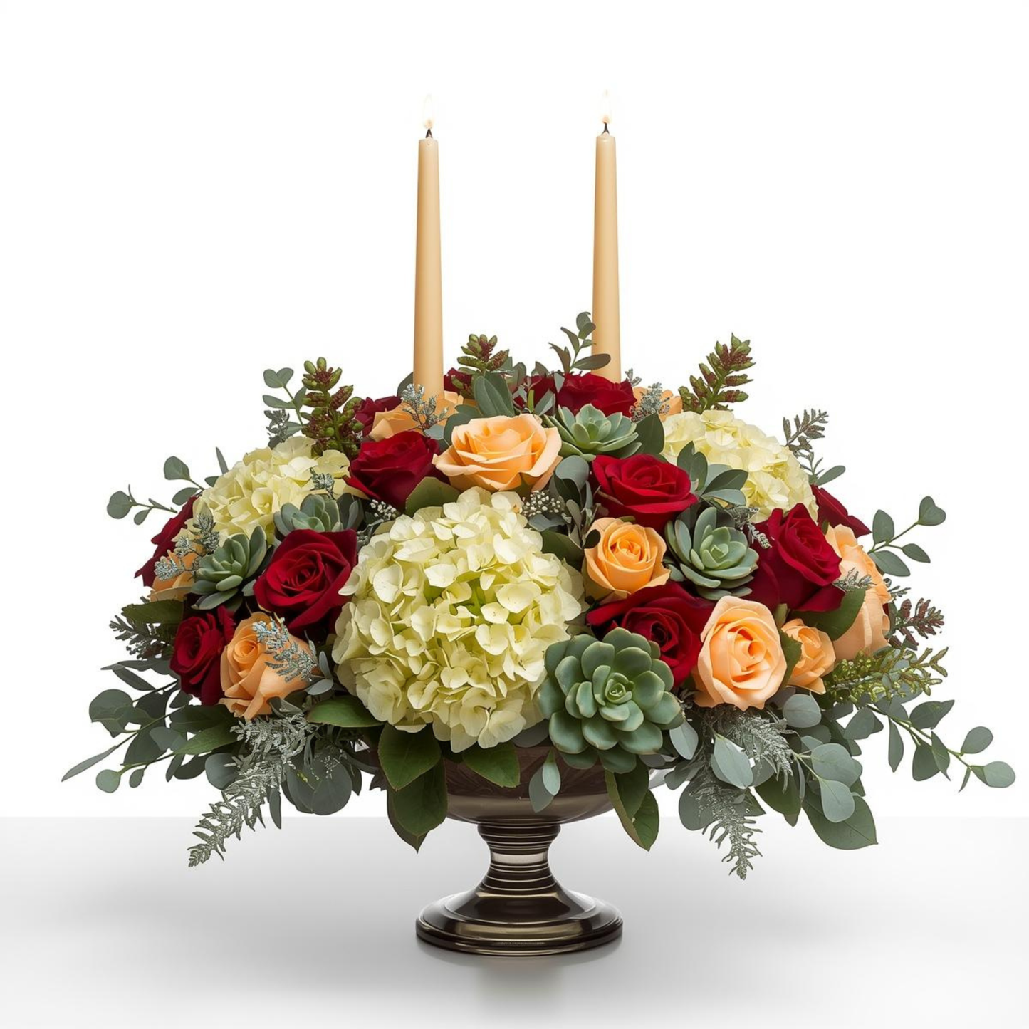 Elegant Christmas floral compote with red and peach roses, white hydrangeas, succulents, greenery, and two lit candles