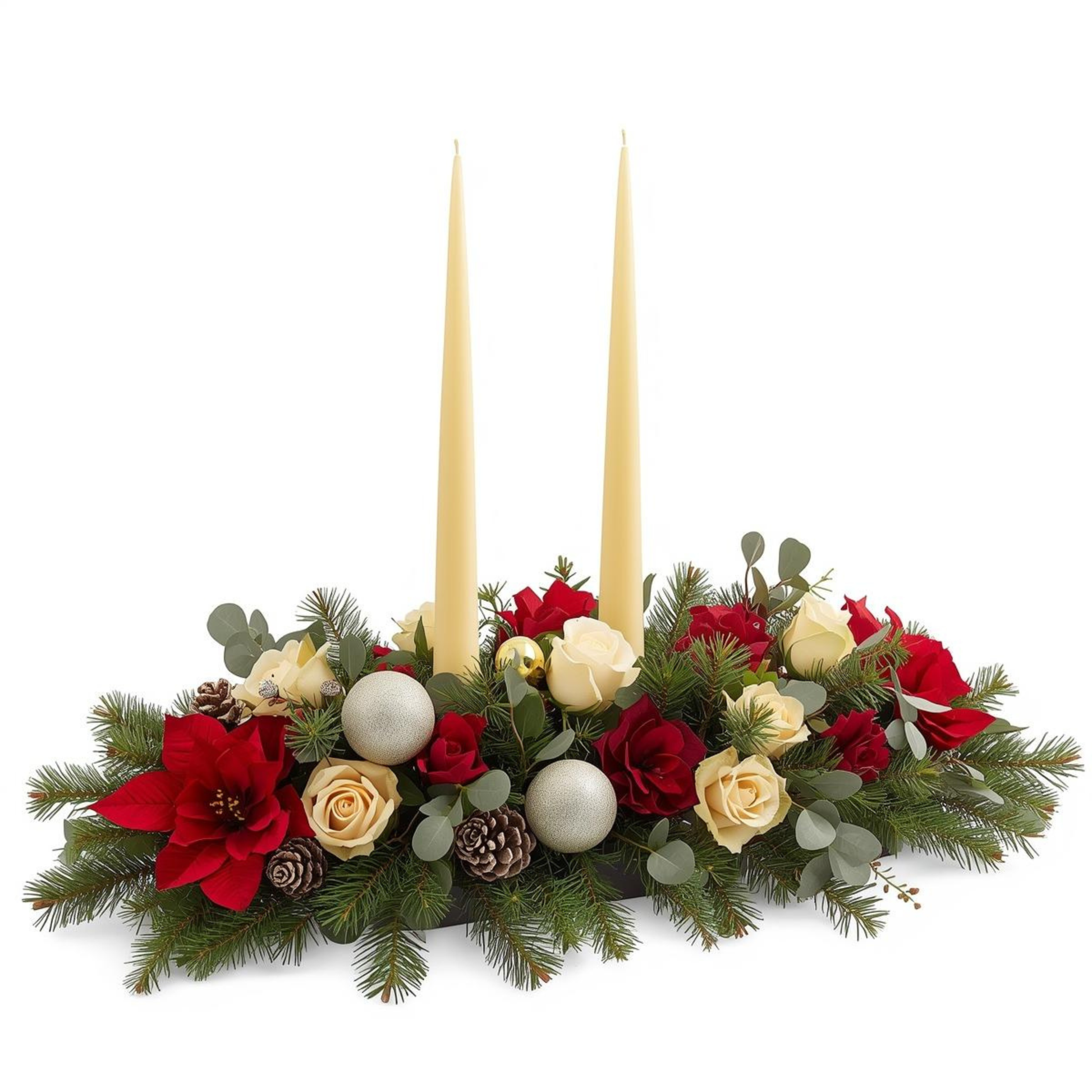 Elegant Christmas centerpiece with red and cream roses, pinecones, greenery, silver ornaments, and two tall candles
