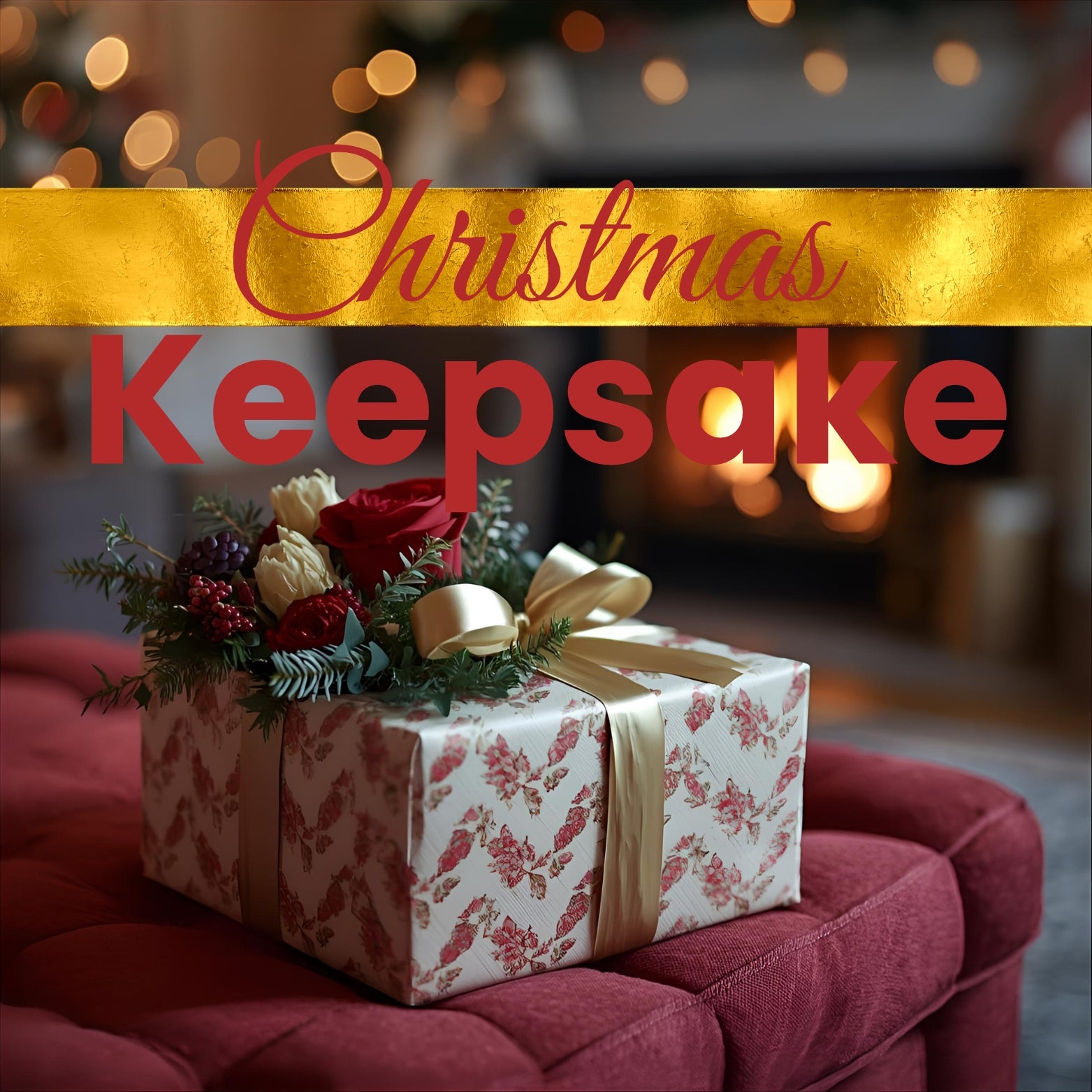 Gift box with floral arrangement on a red couch, Christmas-themed text overlay