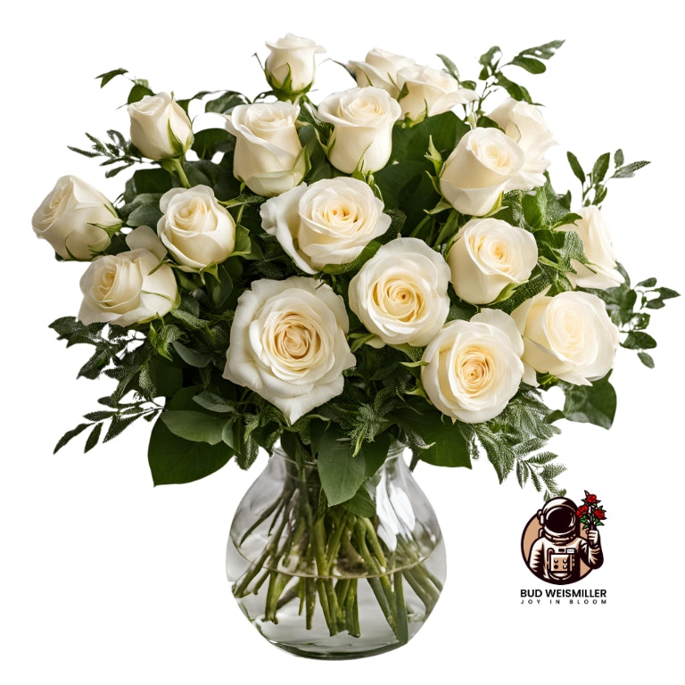 White roses arranged in a clear glass vase with lush greenery.