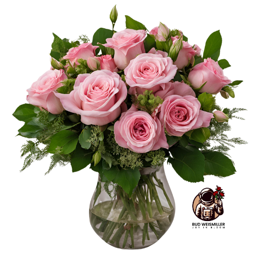 A bouquet of fresh flowers including pink roses, lusianthus, and lemon leaf arranged in a clear glass vase.