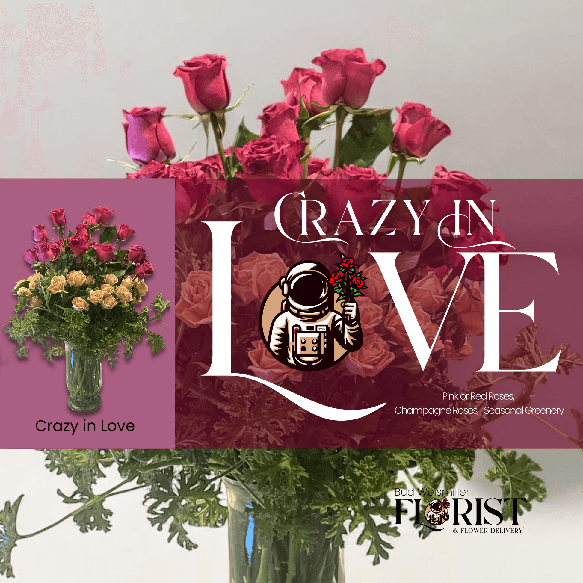 Bud Weismiller's Crazy In Love Fresh Flower Arrangement featuring red or pink roses, champagne roses, and lush seasonal greenery all in an upcycled vehicle.