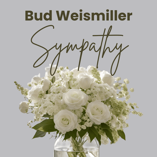 A banner for Bud Weismiller sympathy flowers featuring a bouquet of white flowers.