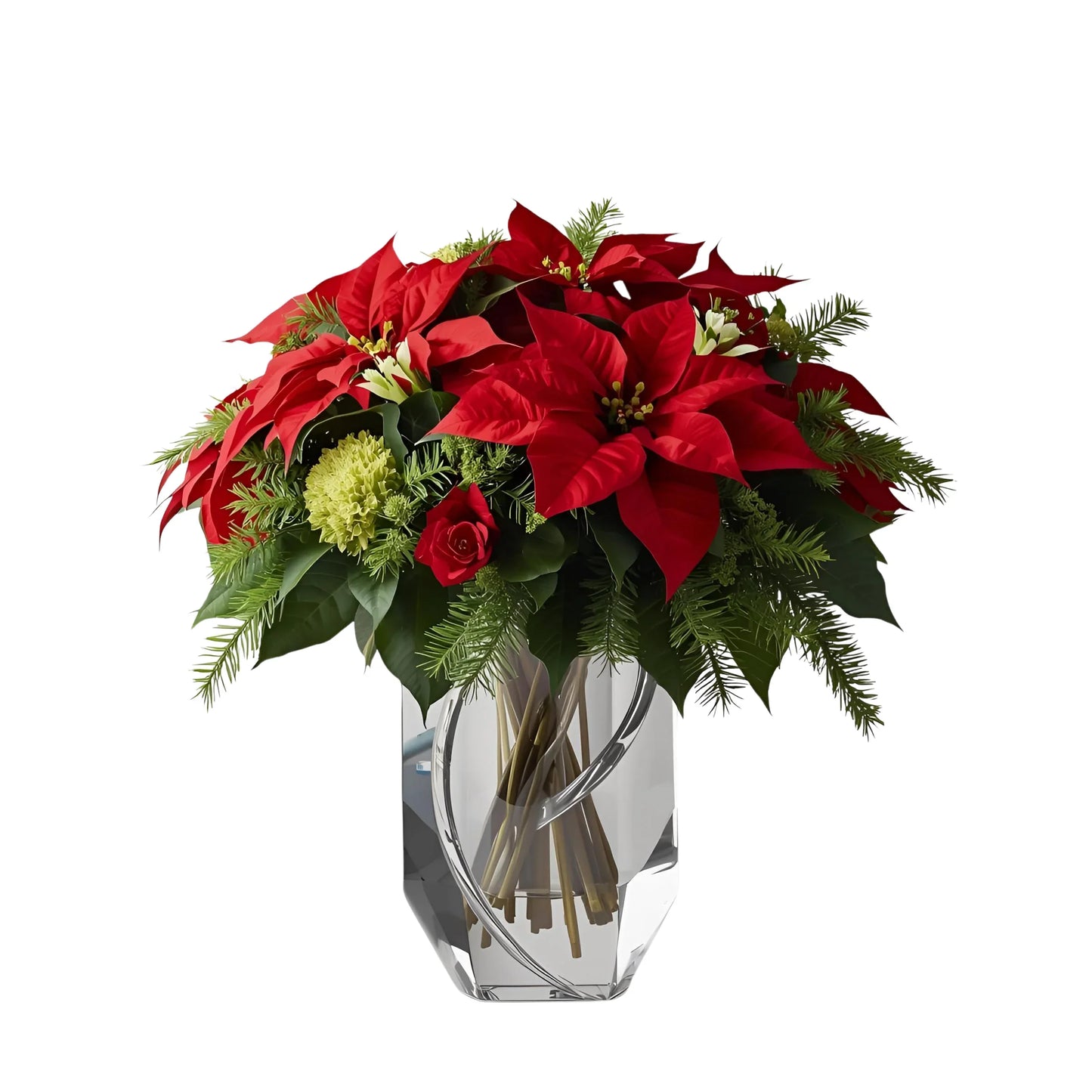 Bright red poinsettia and green floral bouquet in elegant clear glass vase, festive and uplifting