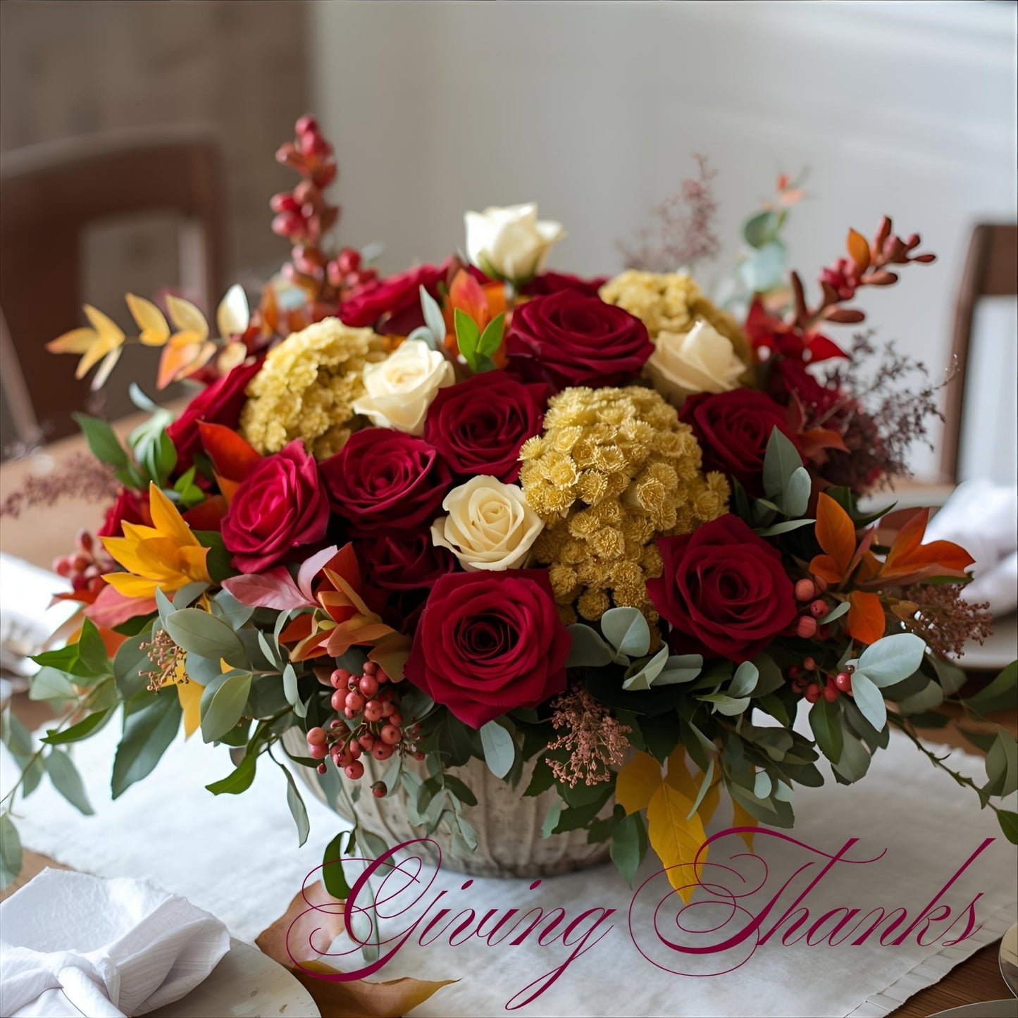 Luxury Thanksgiving centerpiece with red roses, ivory roses, golden chrysanthemums, bronze mums, and hypericum berries arranged in a clear glass bowl by Bud Weismiller Flowers in Las Vegas