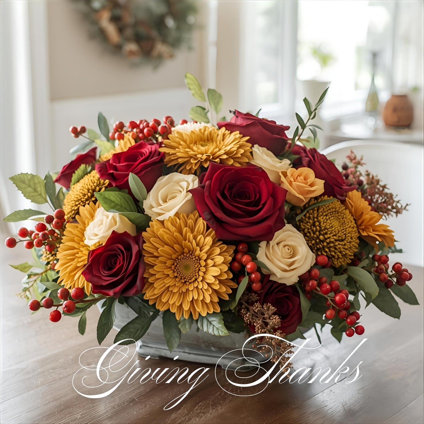 Thanksgiving standard size centerpiece with red roses, ivory roses, golden chrysanthemums, bronze mums, and hypericum berries arranged in a clear glass bowl by Bud Weismiller Flowers in Las Vegas.