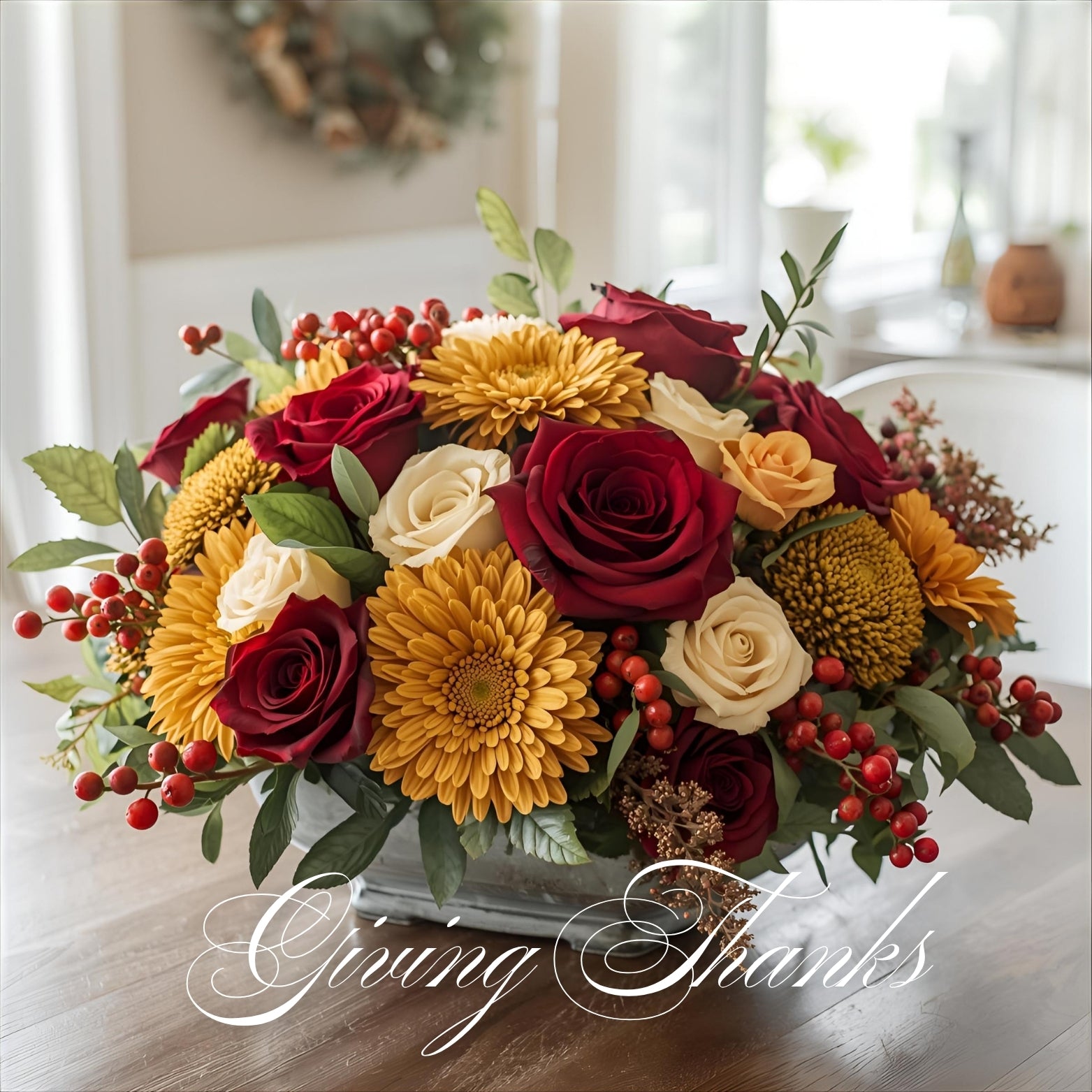 Thanksgiving standard size centerpiece with red roses, ivory roses, golden chrysanthemums, bronze mums, and hypericum berries arranged in a clear glass bowl by Bud Weismiller Flowers in Las Vegas.
