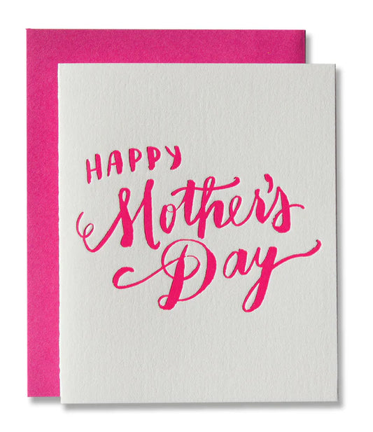 A letterpress greeting card for Mother's Day that has bright pink script lettering.