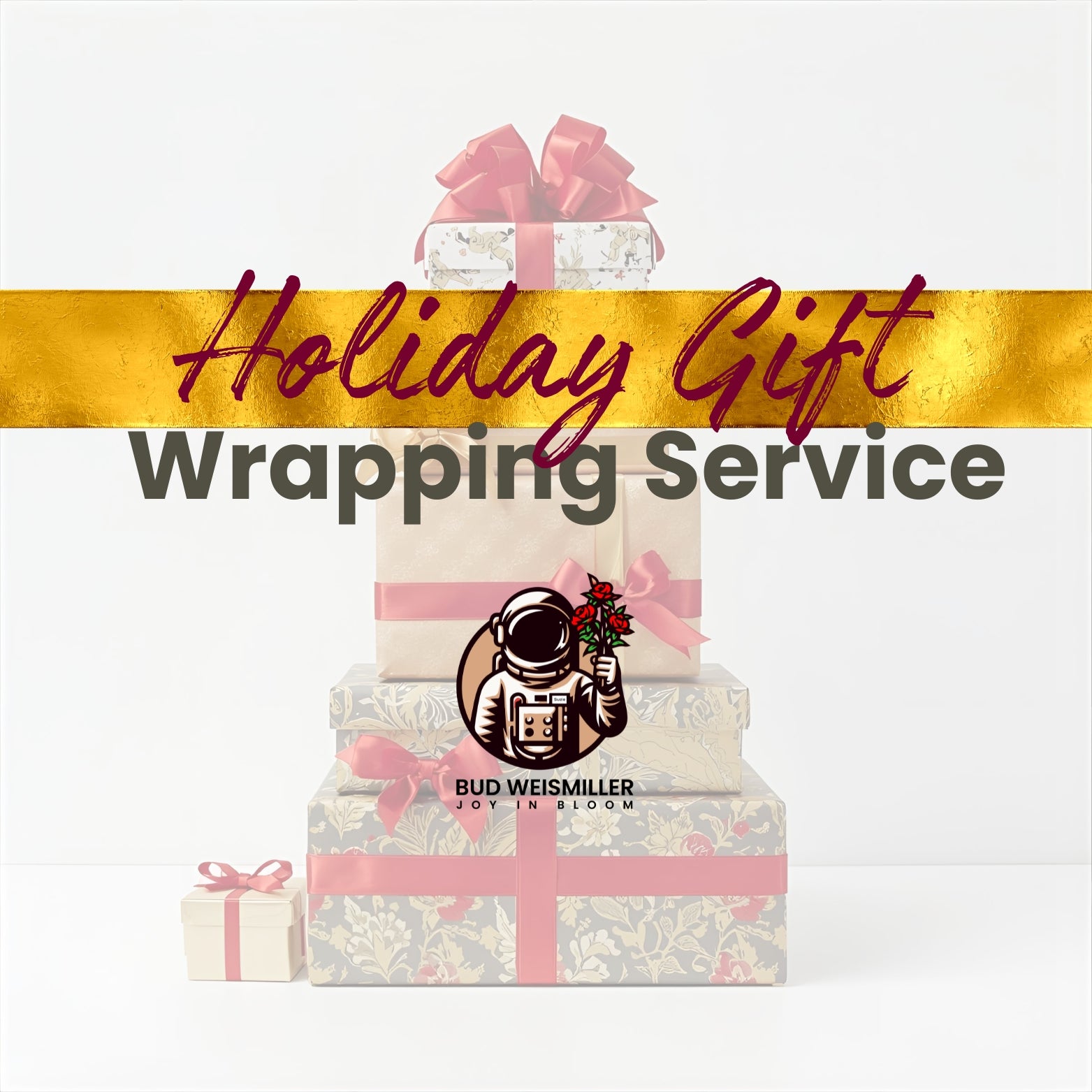 Stack of gift boxes with ribbons and a decorative bow, featuring 'Holiday Gift Wrapping Service' text.