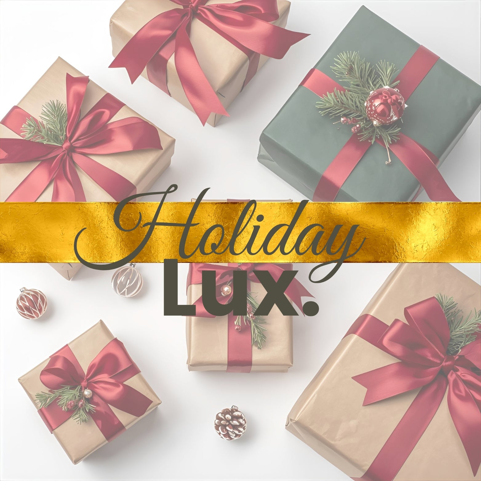 Decorative holiday gift boxes with red ribbons and 'Holiday Lux' banner on a white background