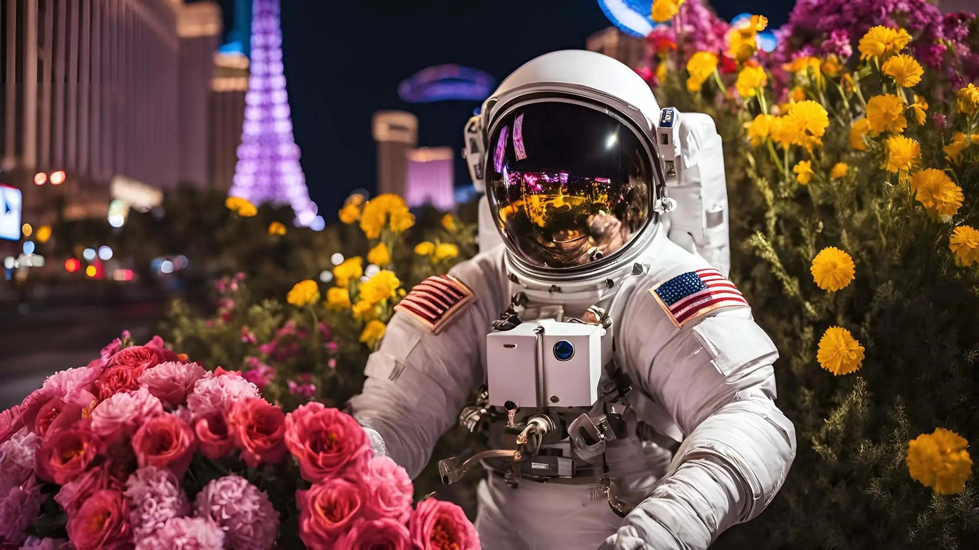 A photo of an astronaut making fresh flower deliveries in Las Vegas.