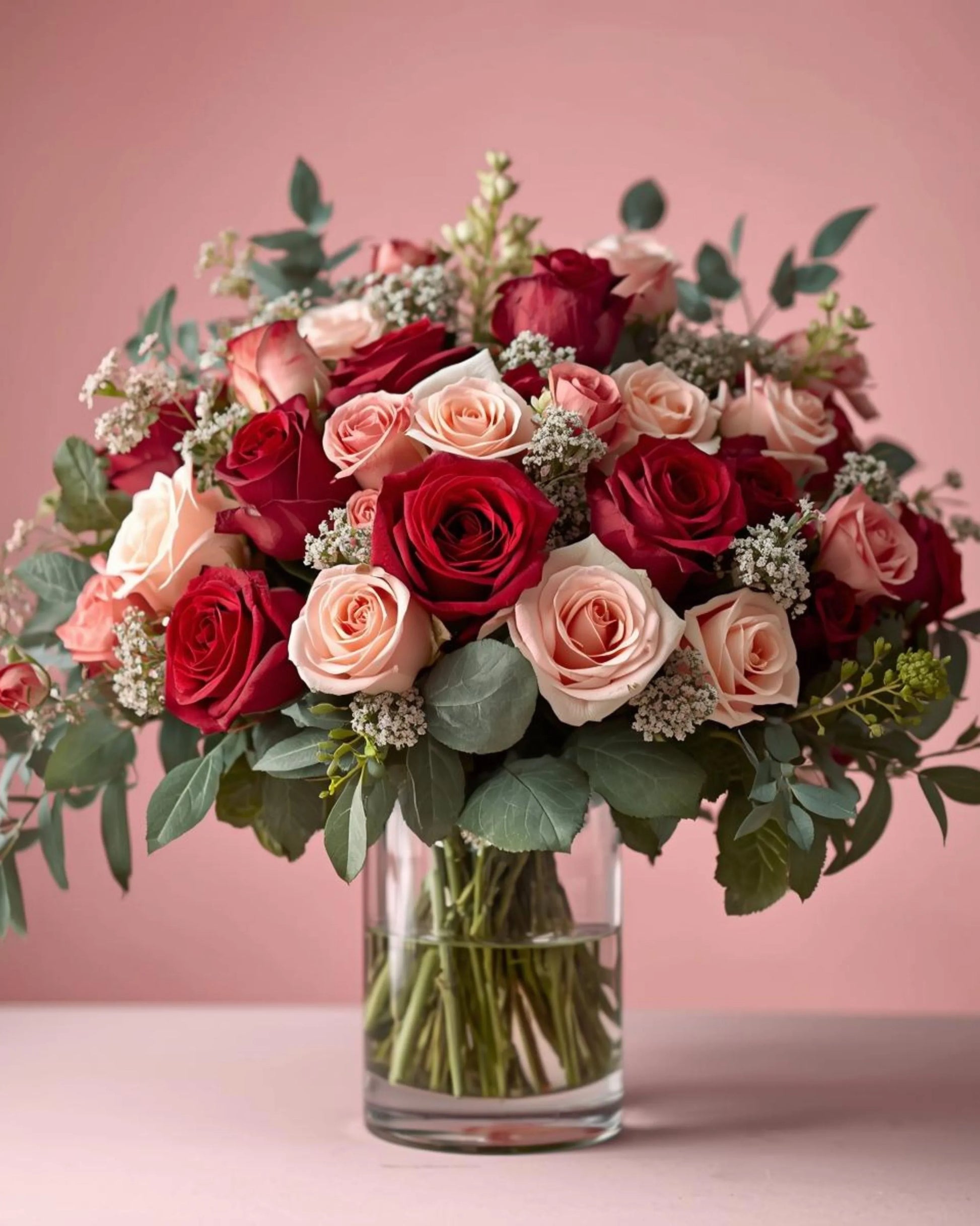 Bouquet of red and pink roses in a clear vase against a pink background