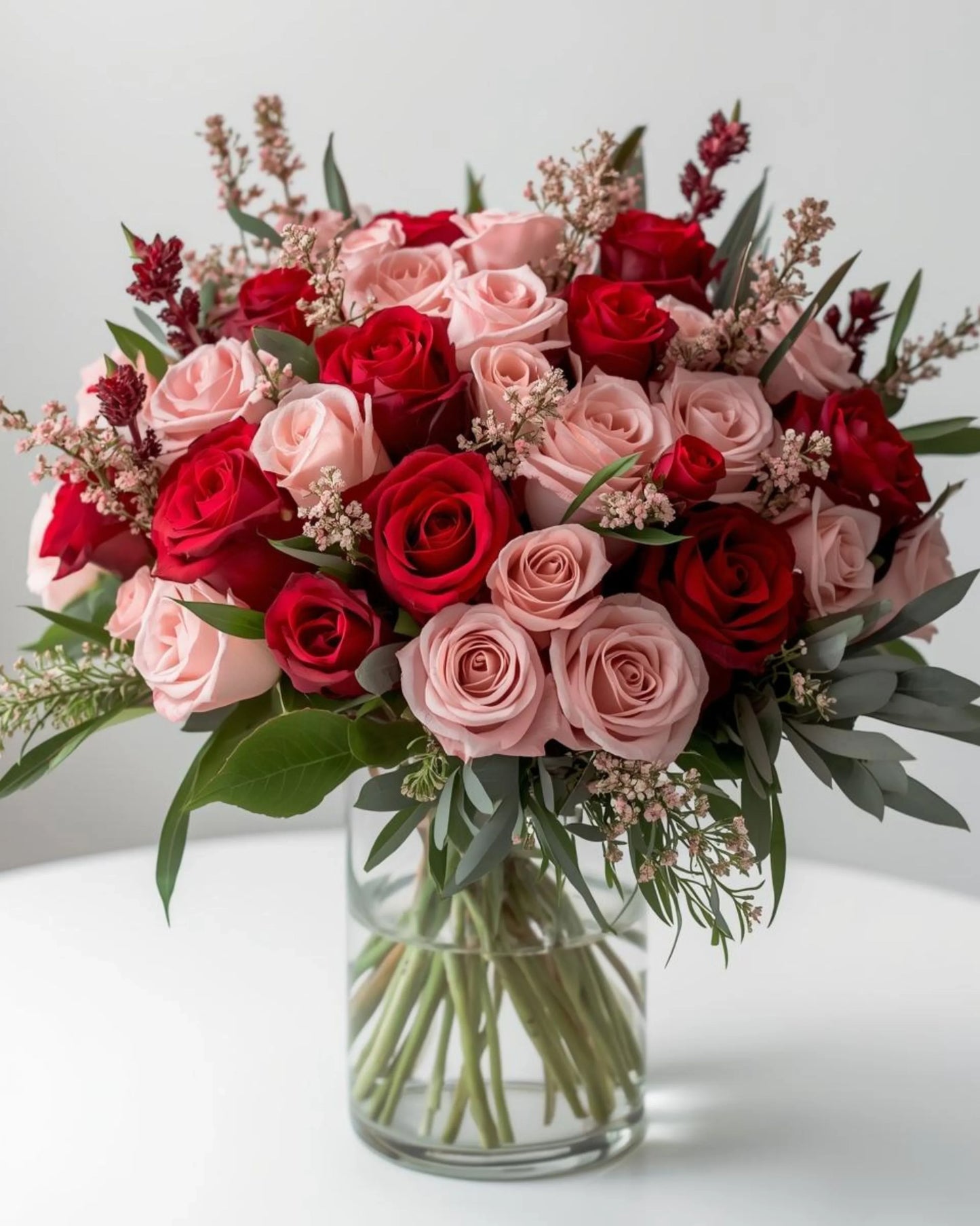 Bouquet of red and pink roses in a clear vase on a white background