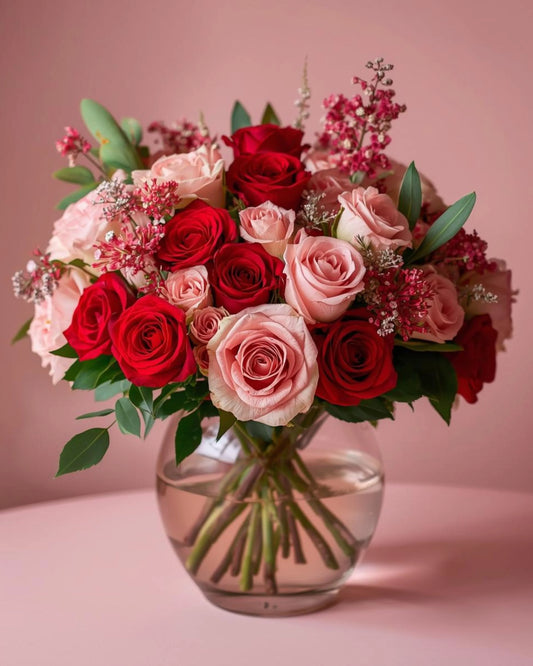 Bouquet of red and pink roses in a clear vase on a pink background