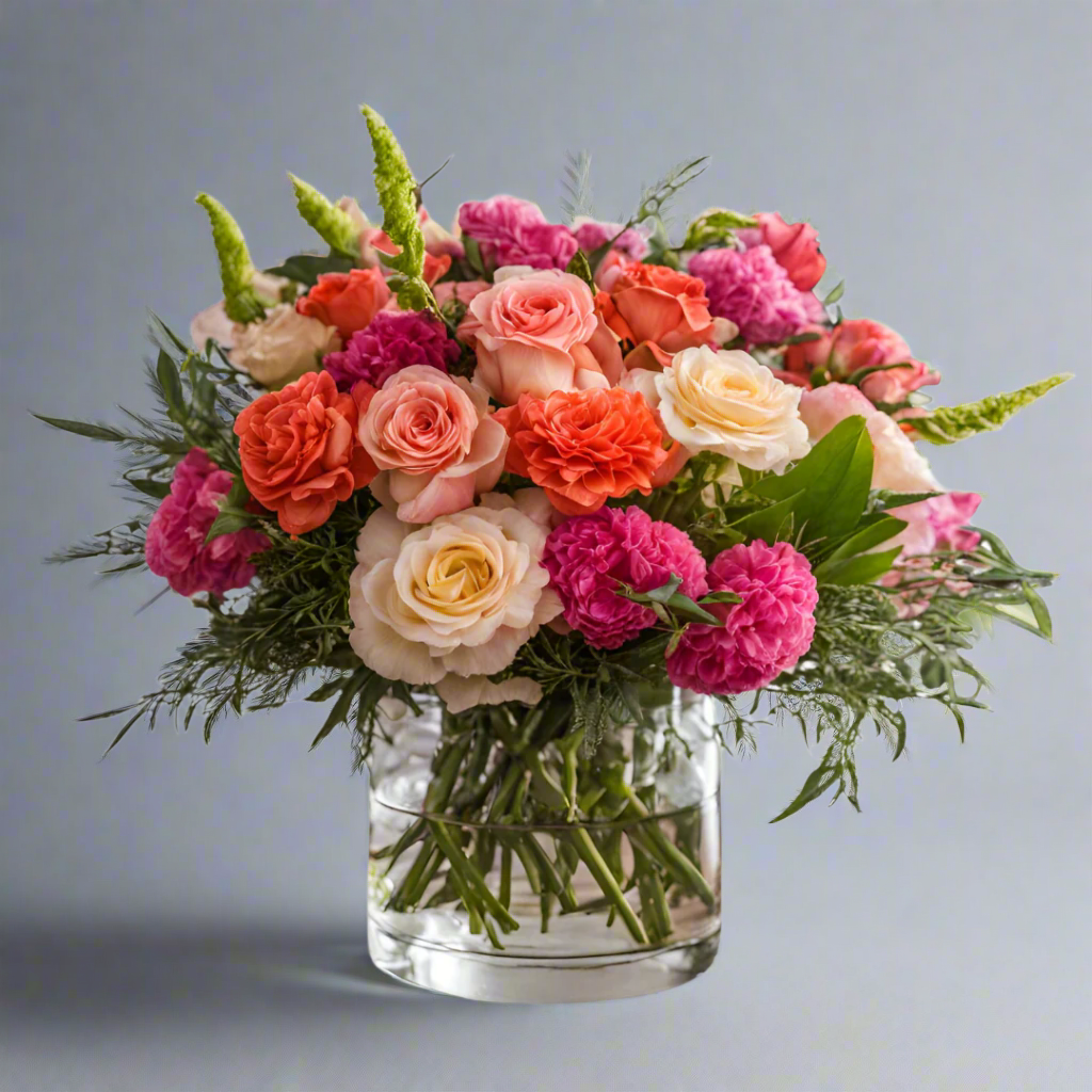 A pop of color luxury size flower arrangement from Bud Weismiller including pink carnations, orange spray roses, pink spray roses, white carnations, white lisianthus, and seasonal filler flowers and greenery.