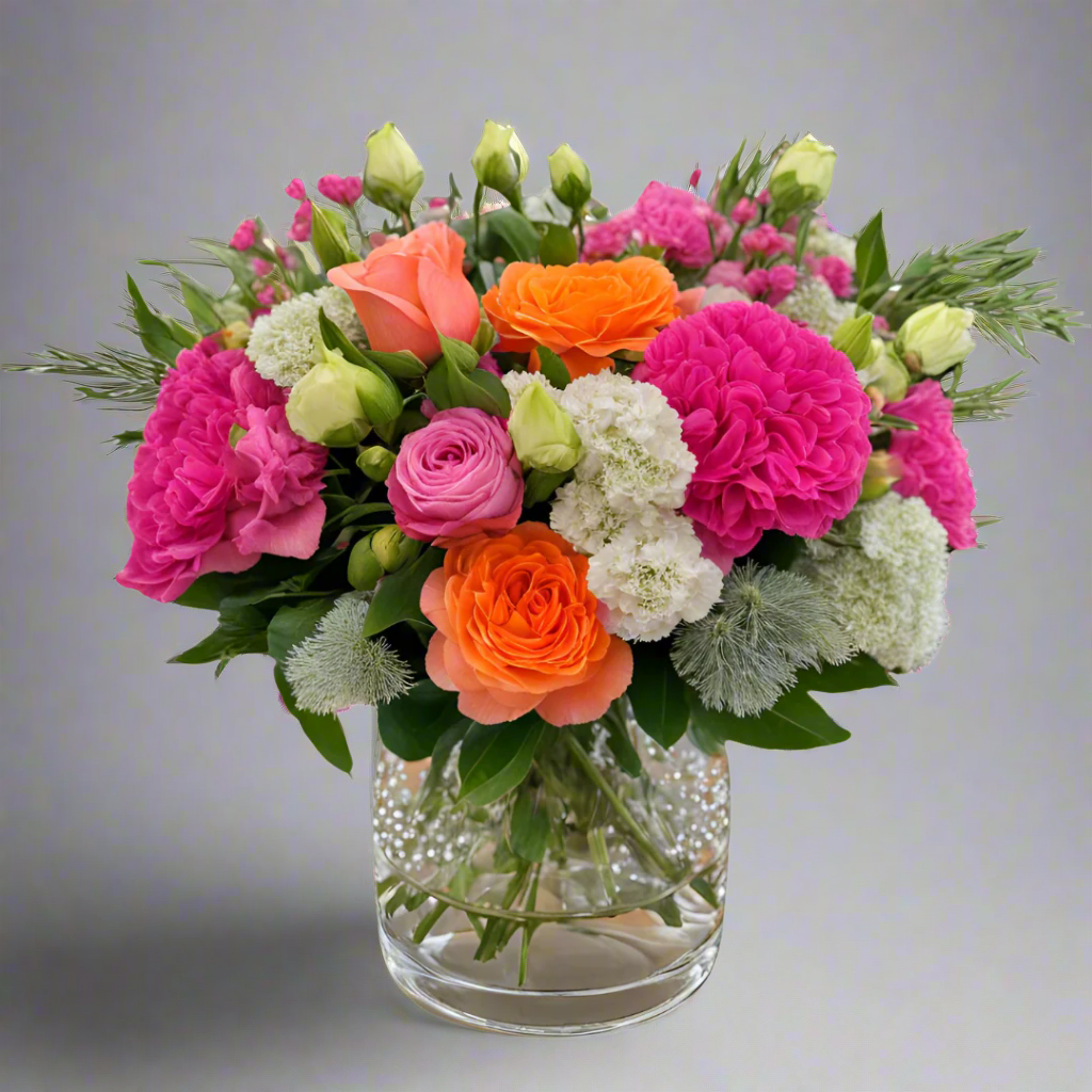 A pop of color flower arrangement from Bud Weismiller including pink carnations, orange spray roses, pink spray roses, white carnations, white lisianthus, and seasonal filler flowers and greenery.