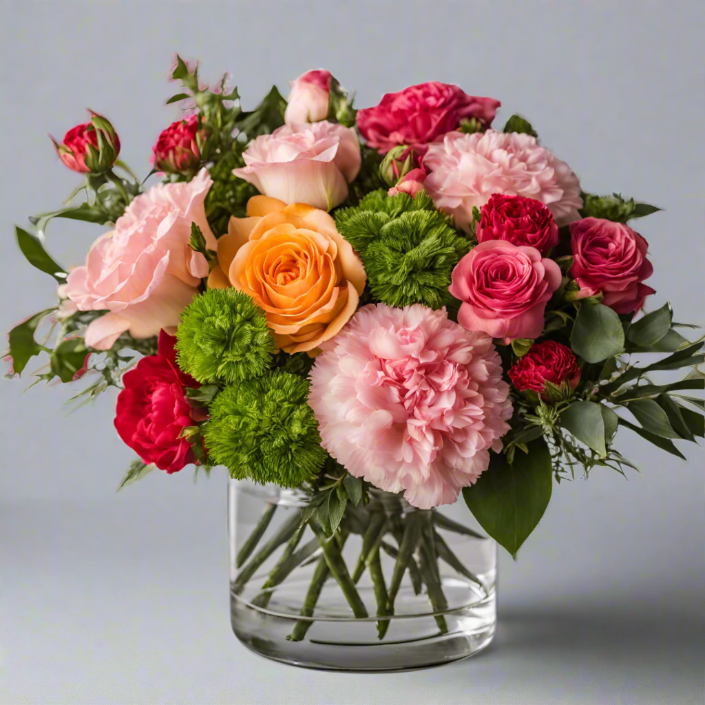 A pop of color premium size flower arrangement from Bud Weismiller Flowers including pink carnations, orange spray roses, pink spray roses, white carnations, white lisianthus, and seasonal filler flowers and greenery.