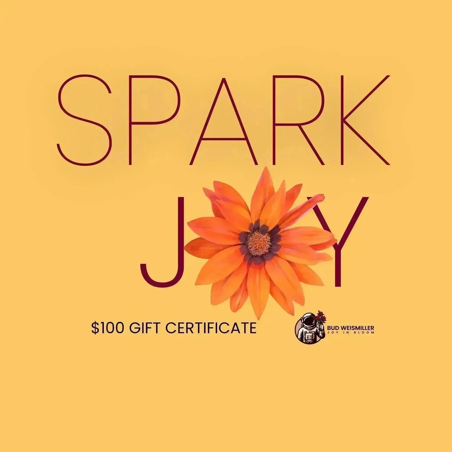 Gift certificate for 'Spark Joy' with a flower graphic on a yellow background