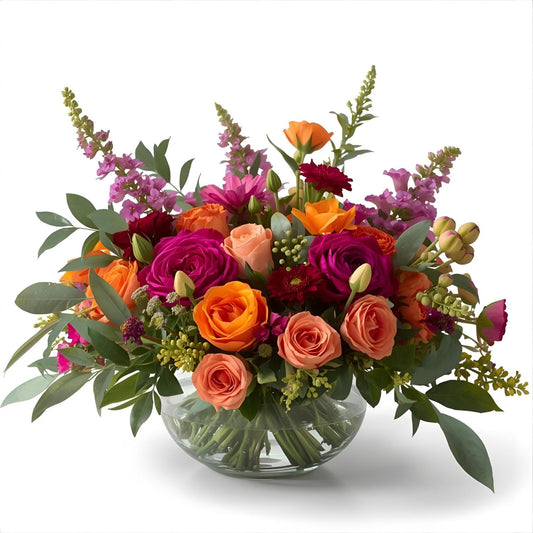Bouquet of colorful flowers in a clear vase on a white background