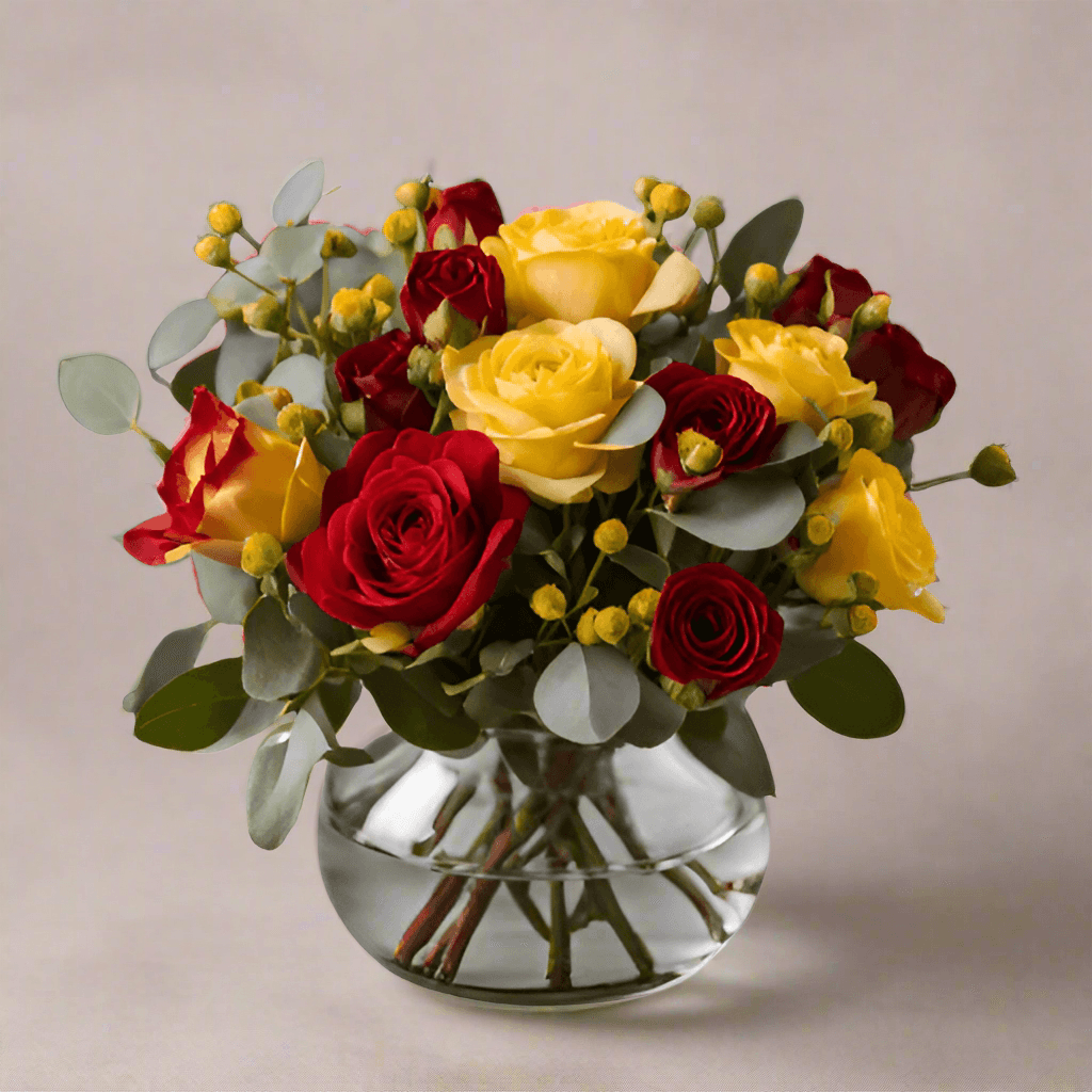 a beautiful bouquet of red spray roses and yellow spray roses mixed with seasonal filler and greenery.