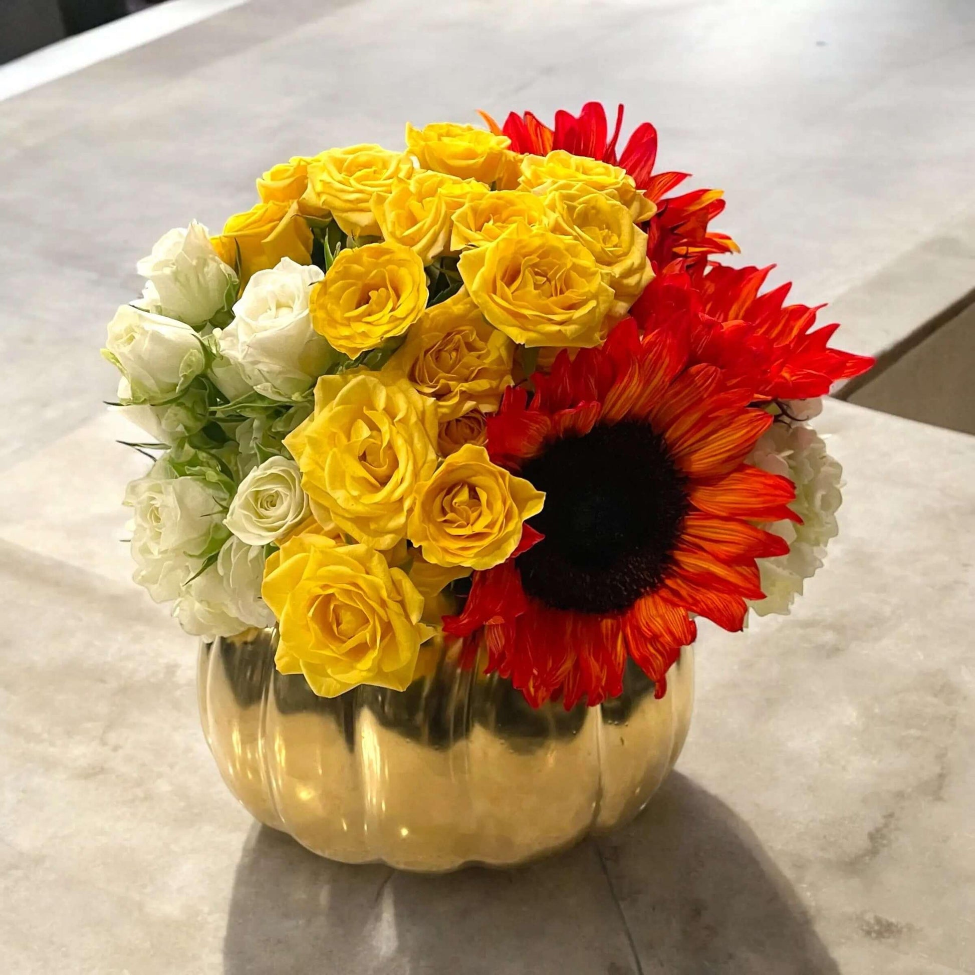 Sunflower and Spray Rose Arrangement in Golden Pumpkin Vase – Bud Weismiller Flowers, Las Vegas - Bud Weismiller Flowers