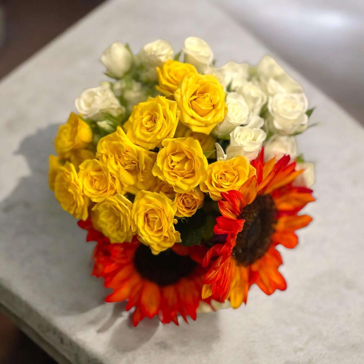 Sunflower and Spray Rose Arrangement in Golden Pumpkin Vase – Bud Weismiller Flowers, Las Vegas - Bud Weismiller Flowers