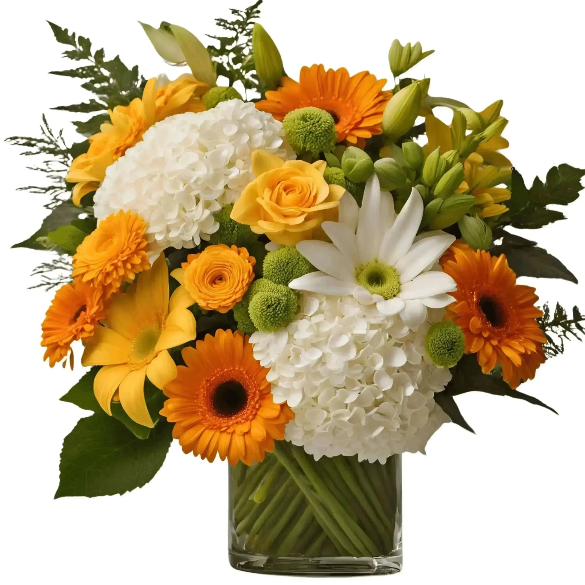 Bright orange, yellow, white flowers with green accents in clear square vase, uplifting bouquet