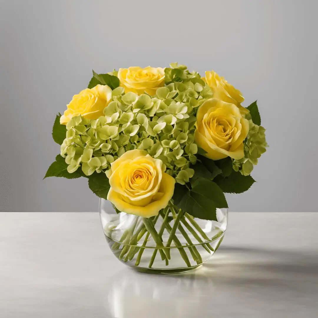 Sweet Sunshine | Elegant Yellow Rose and Hydrangea Flower Arrangement in Glass Vase - Bud Weismiller Flowers