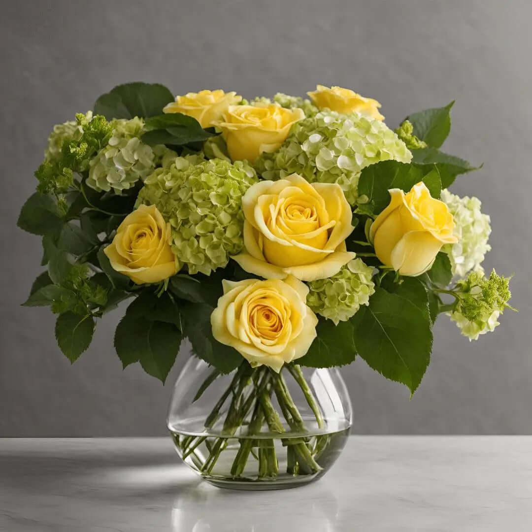 Sweet Sunshine | Elegant Yellow Rose and Hydrangea Flower Arrangement in Glass Vase - Bud Weismiller Flowers