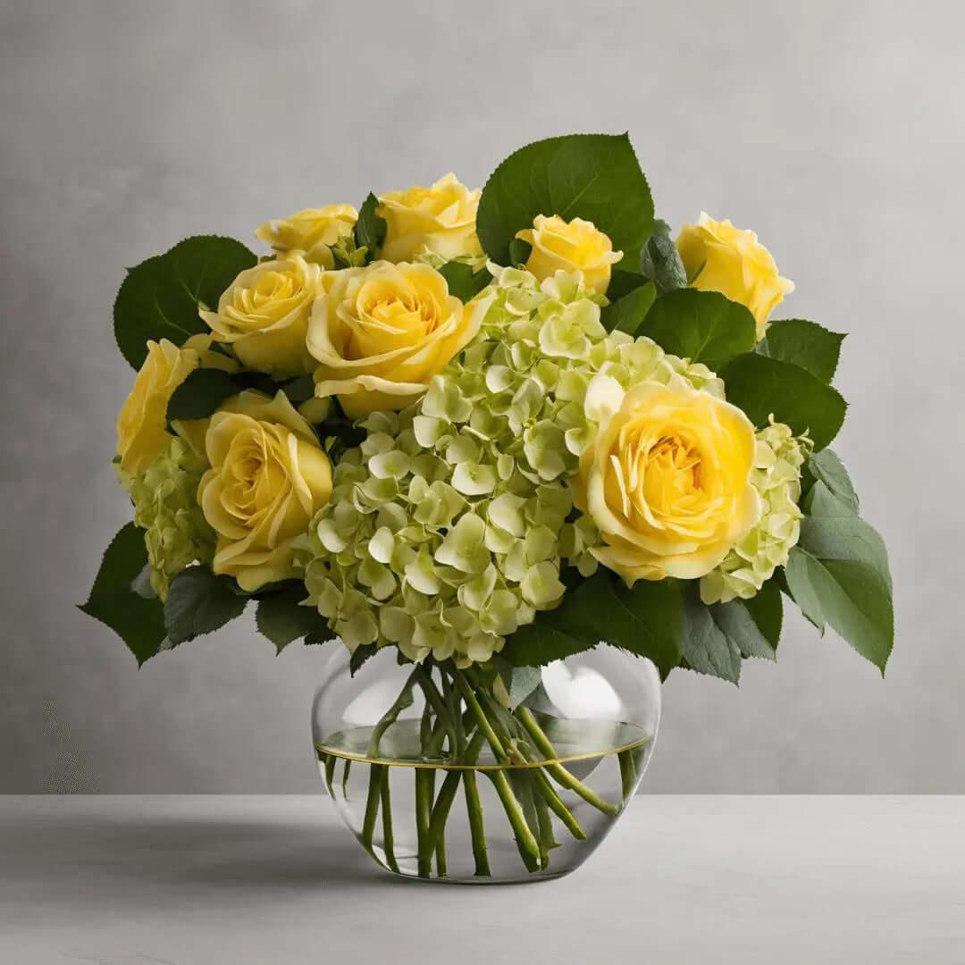 Sweet Sunshine | Elegant Yellow Rose and Hydrangea Flower Arrangement in Glass Vase - Bud Weismiller Flowers