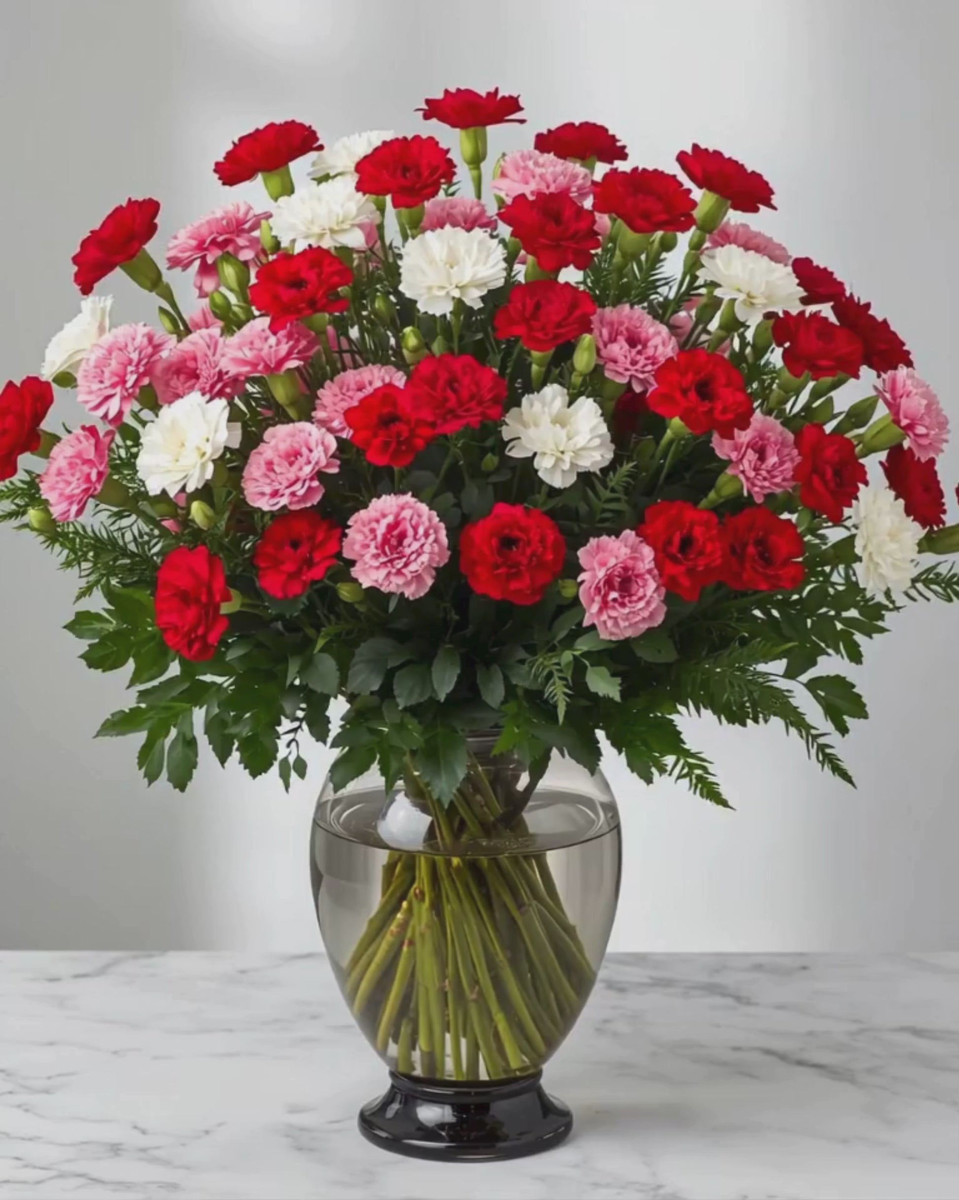 A video of a Valentine's Day Red, Pink, and White long-stemmed carnation bouquet.
